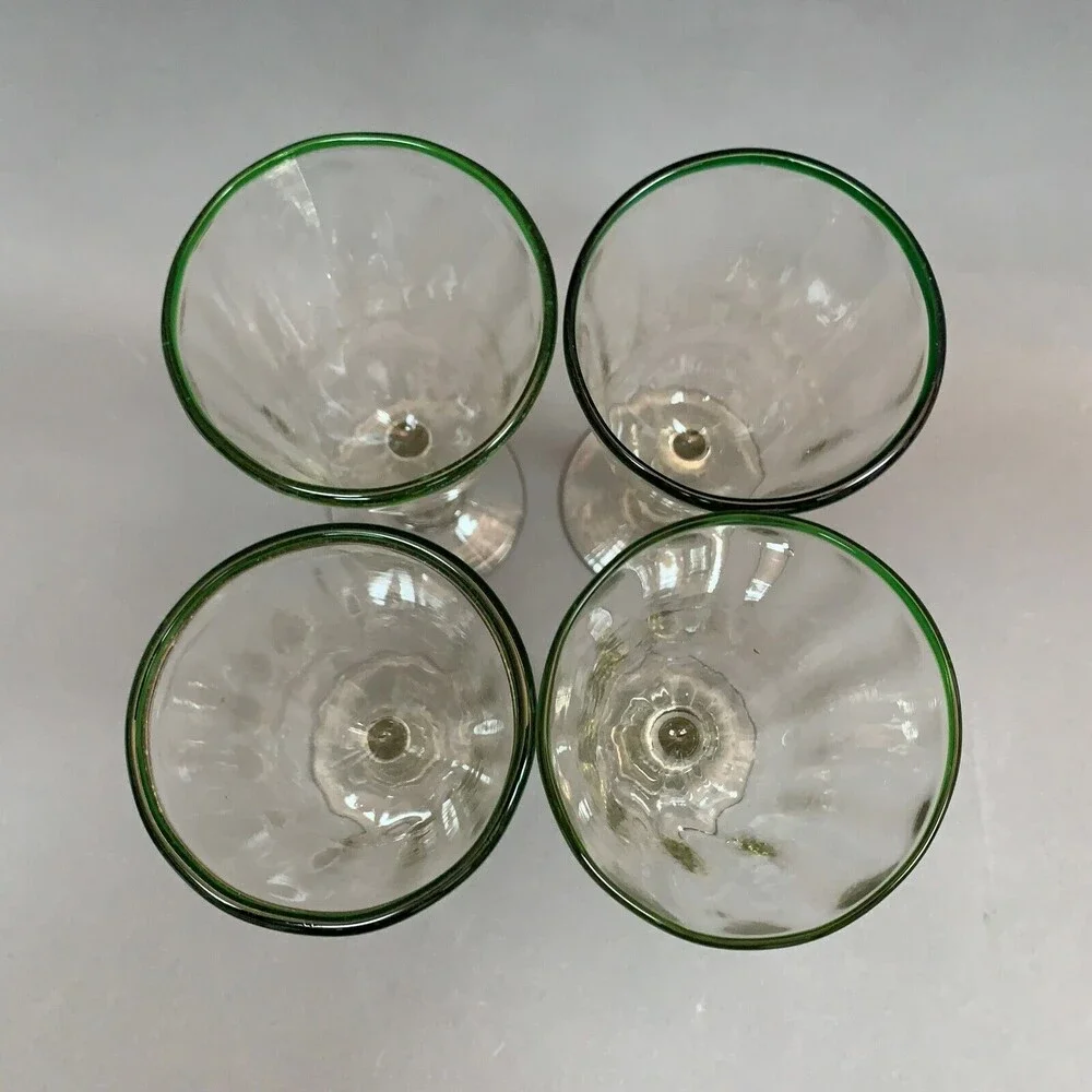 Clear Glass Green Trim Blown‎ Glasses Mexico? Lot of 4